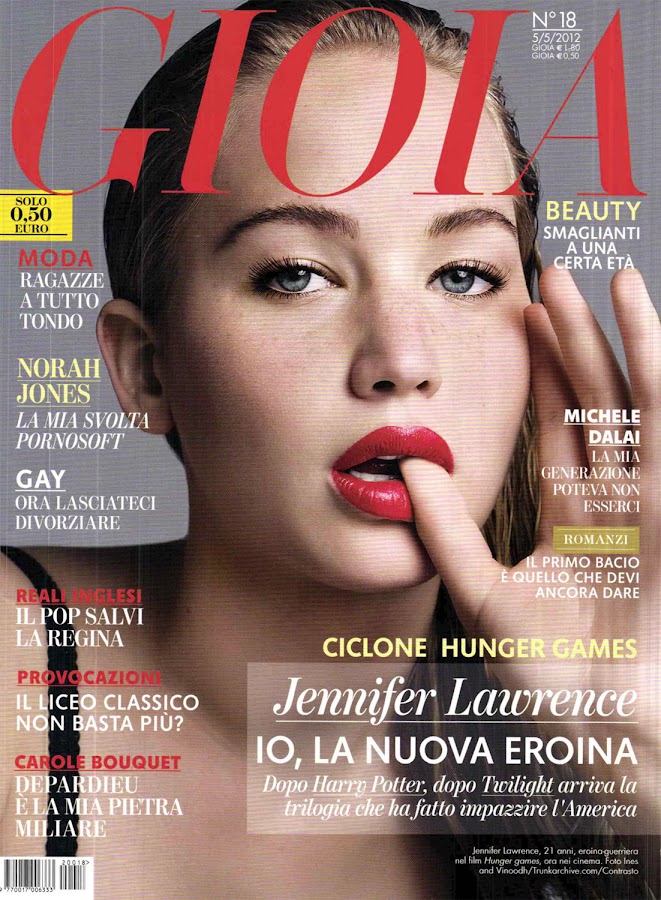 JENNIFER LAWRENCE with red lipstick graces the cover of Italy’s Gioia Magazine