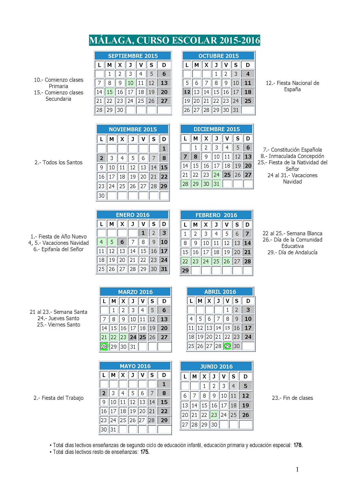 CALENDARIO ESCOLAR 2015-2016