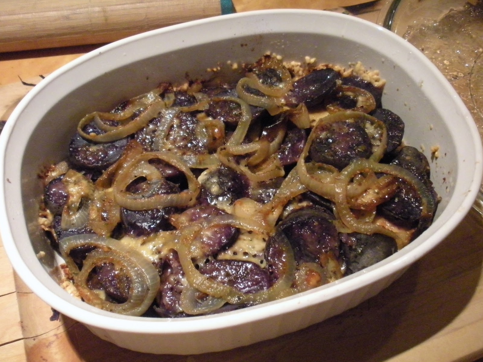 Roots and Recipedia Baked Eggplant, Potato and Onion Casserole