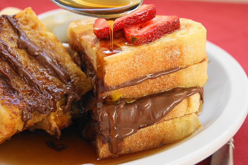 Nutella French Toast with Maple Syrup, Bananas & Strawberries The