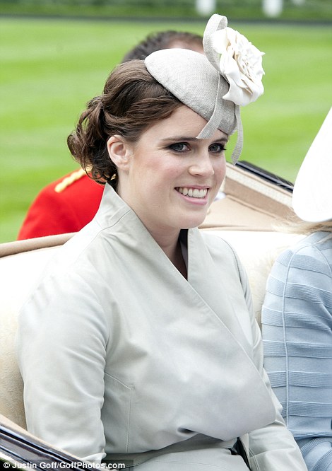 pretty Princess Eugenie in dove grey outfit and a hat by Robyn Coles on Ladies' Day of Royal Ascot 2014