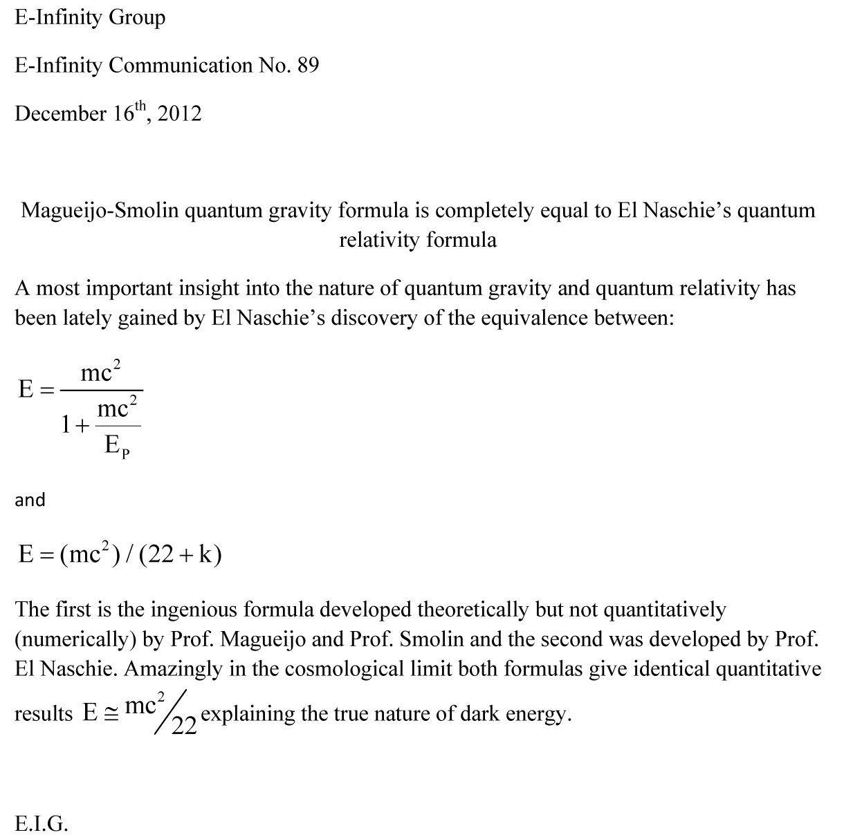 E Infinity High Energy Communications E Infinity Communication No 89