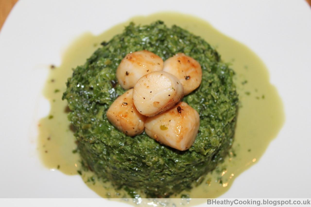 The Healthy Cooking Blog Pan Seared Baby Scallops with Creamed Spinach