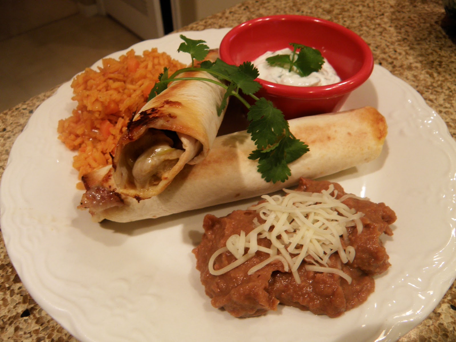 Kim's Concoctions Baked Chicken Flautas with Spanish Rice, Refried