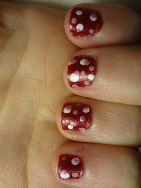 valentine's day nails, red with white and pink dots