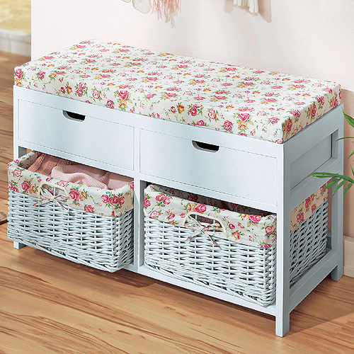 Organizador com banco e cestos de vime – Dica de decoração e Organizador com banco e cestos de vime – Dica de decoração e