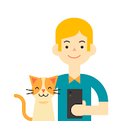 A person smiling holding a mobile phone, with a cat next to them