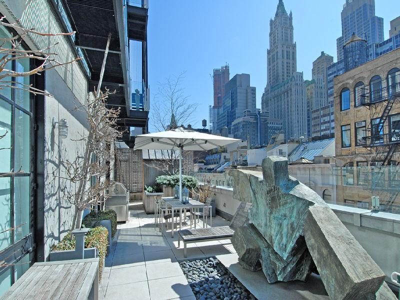 Photo of modern art sculpture and garden furniture on the rooftop terrace of Tribeca penthouse