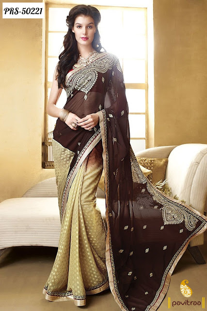 Wedding wear and New Year 2015 2016 cream georgette designer saree online shopping with discount deal and sale at pavitraa.in