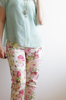 [Fashion] The Floral Pants! Mint Chiffon Top, Jeans Jacket / Beige Leather Jacket / Mint Coat