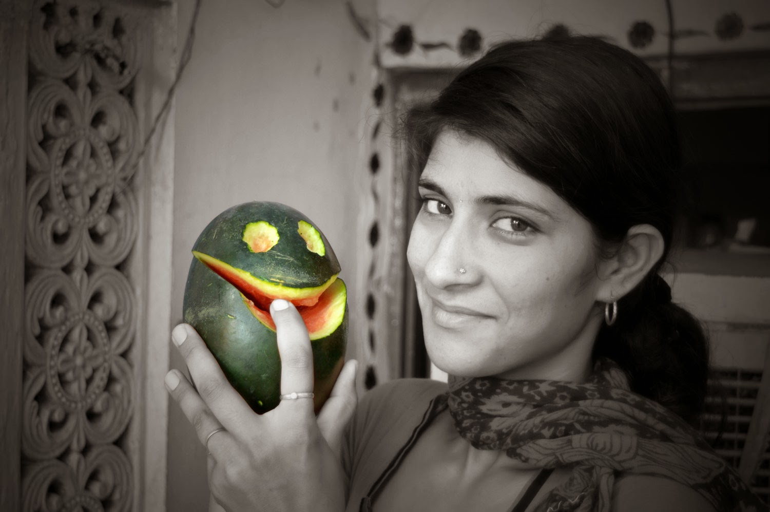 a girl with watermelon when he is smiling girl and water melon