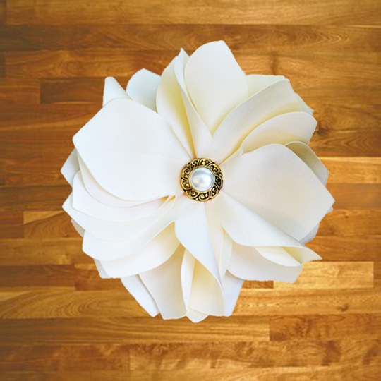 5" Ivory satin flower with gold/pearl embellishment $10