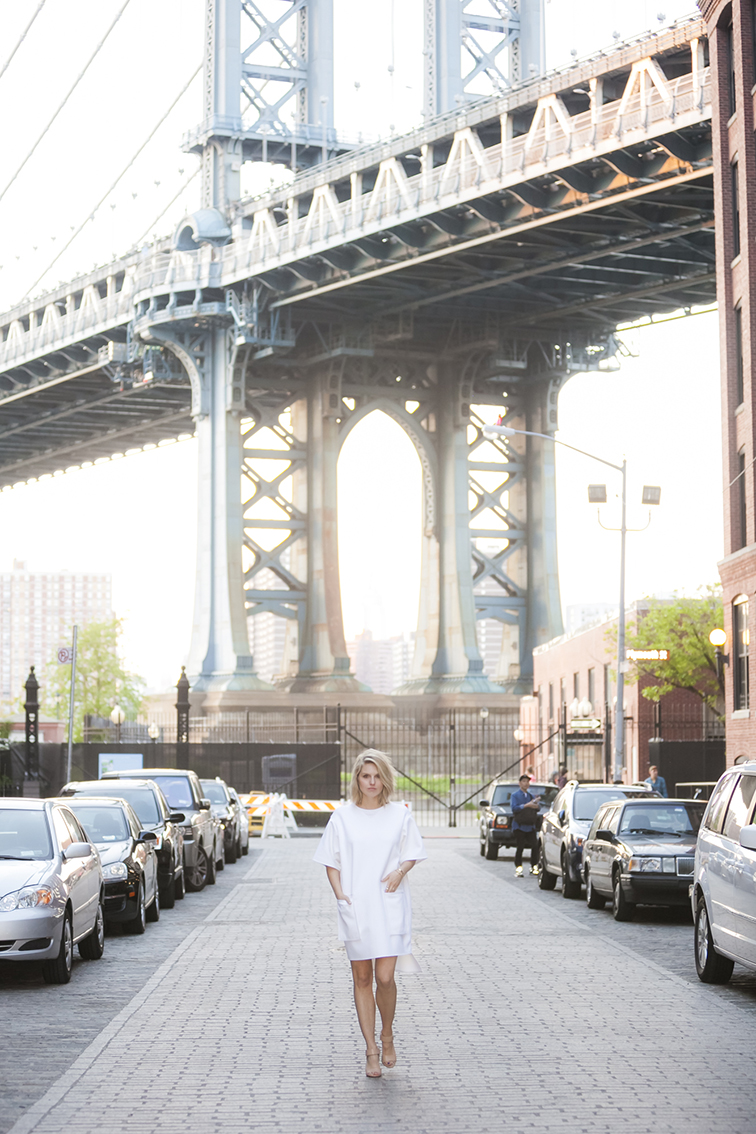 Under the Manhattan Bridge, DUMBO, Brooklyn, cobblestone streets, white dress, summer, golden hour