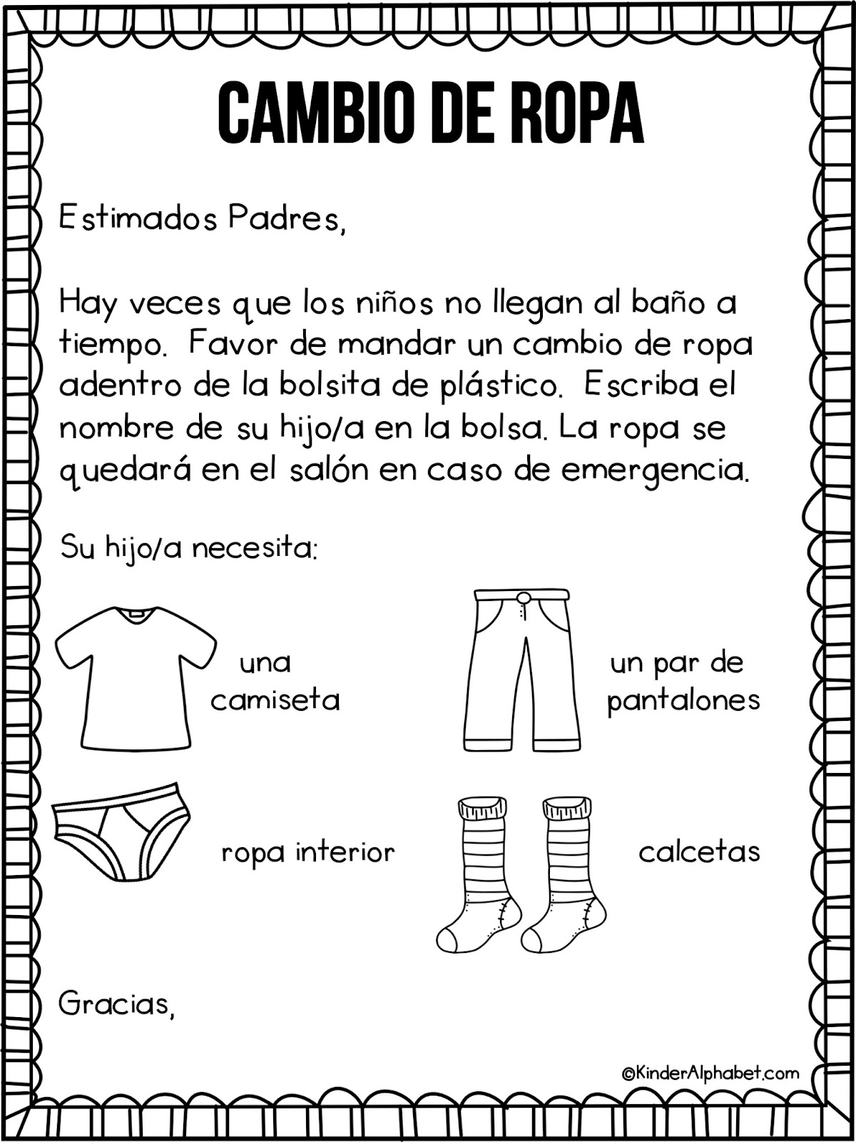 Bilingual Kinder Alphabet Parent Letter Change of Clothing