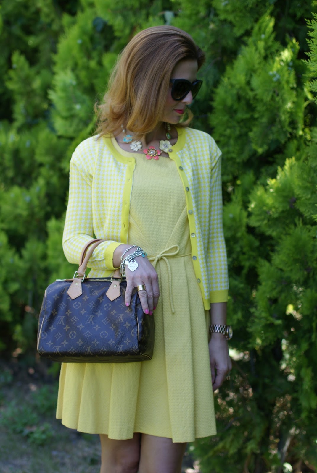 Yellow dress and Louis Vuitton Speedy 25