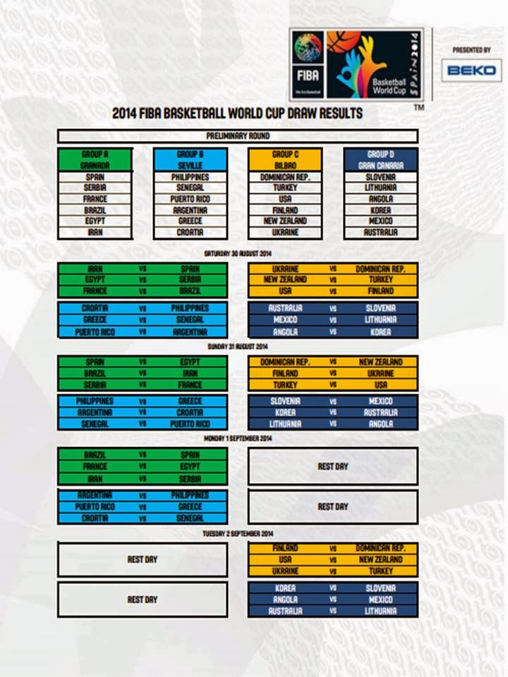 Calendario MundoBasket 2014 España Spain Calendar 2014 FIBA Basket World Cup