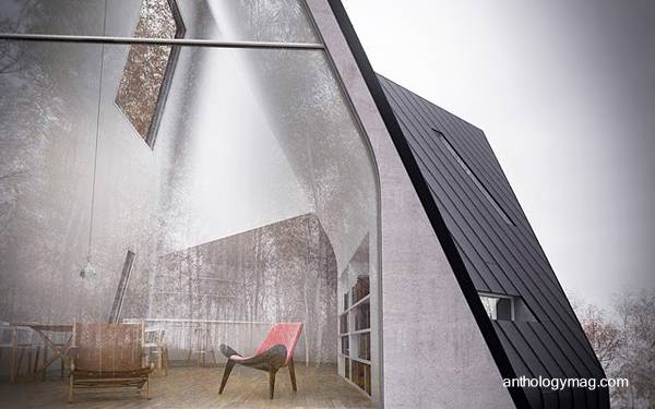 Arquitectura de casas: casas cabañas alpinas de madera y metal.