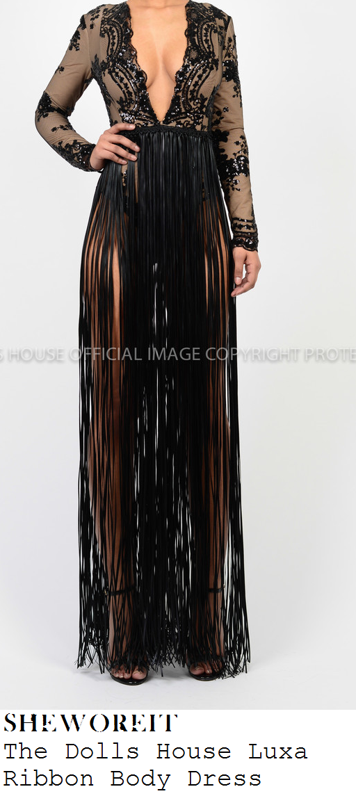 chloe-sims-black-lace-long-sleeve-deep-v-neckline-embellished-ribbon-tassle-fringe-maxi-dress