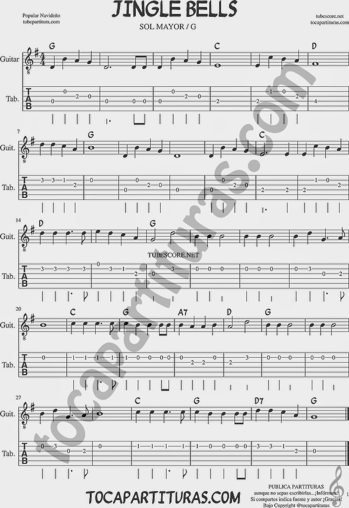 Tubescore Jingle Bells Tablature Sheet Music for Guitar in G Major Christmas Carol
