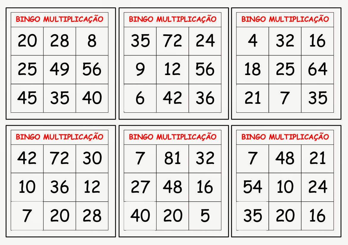 Bingo matemático para 3 ano