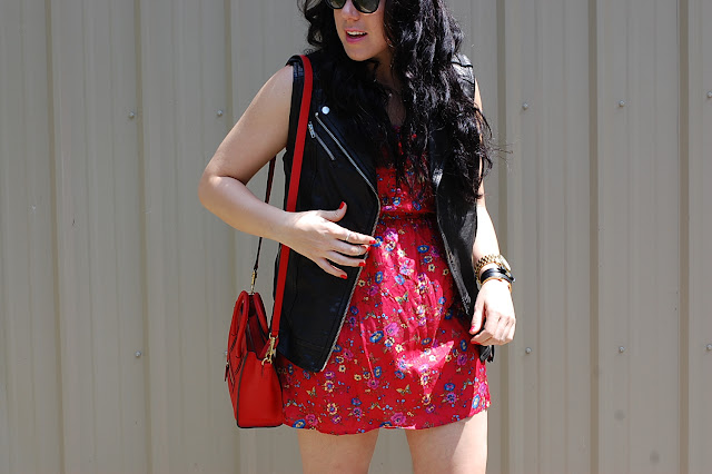 Vancouver fashion blogger,Mackage leather vest, silk sundress, Red Celine Nano and Topshop d'Orsay flats