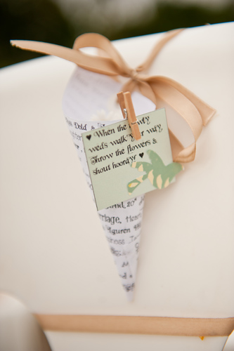 In this example the confetti was housed in cones with quotes and meaningful