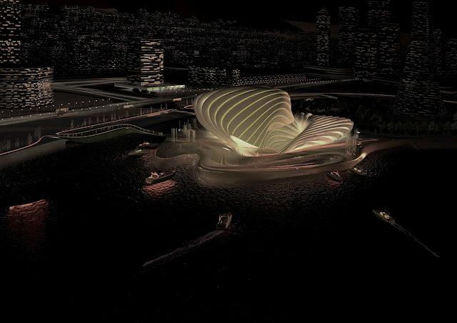 Photo of new Busan opera house at night as seen from the air