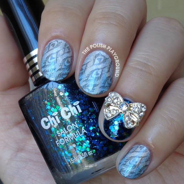 Blue and Silver Holo Gradient with Feather Stamping Nail Art