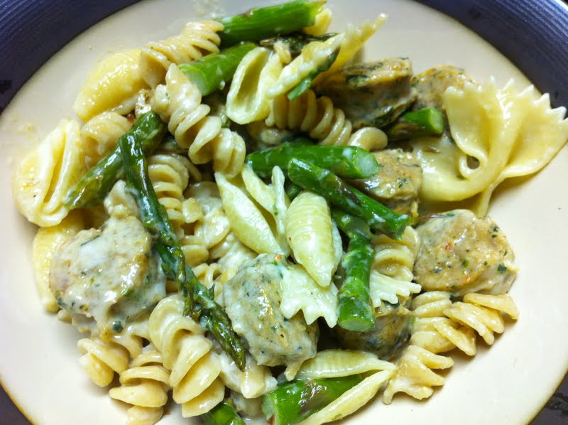 you should make this Pasta with Alfredo, Chicken Sausage, and Asparagus