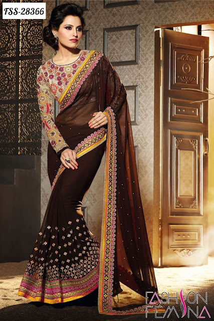 Brown Designer Embroidery Saree online Shopping