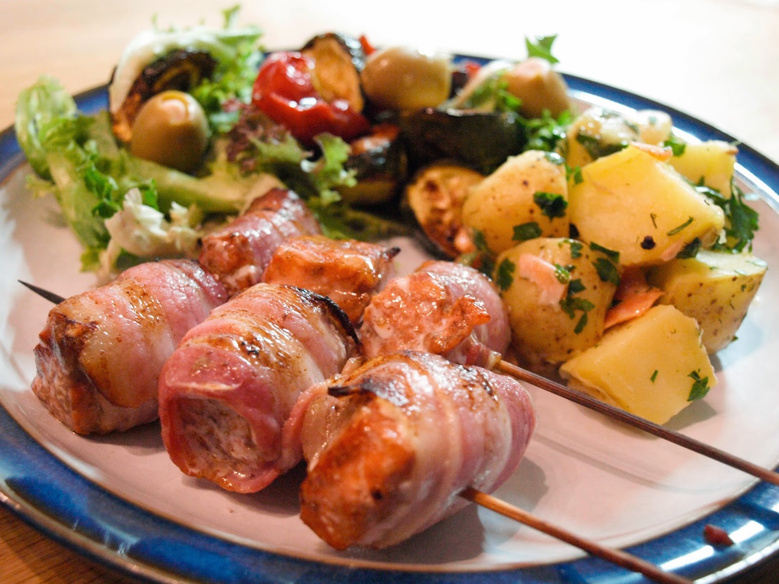 Farmersgirl Kitchen Baconwrapped Trout kebabs with Gravadlax Potato Salad