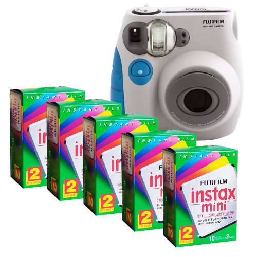 Fujifilm MINI INSTAX 7S Camera and Film Kit (Blue Trim) with 5 Twin Packs of MINI INSTAX Film