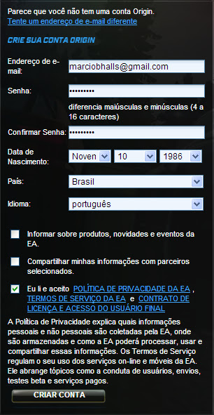 Formulário de cadastro do NFS World Formulário de cadastro do NFS World
