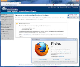 The error message visible at the Australian Business Register site, together with the 'About' information window for the web browser in use