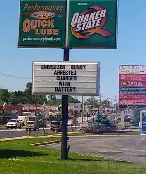 energizer bunny arrested charged with battery funny american road sign quick lube quaker state