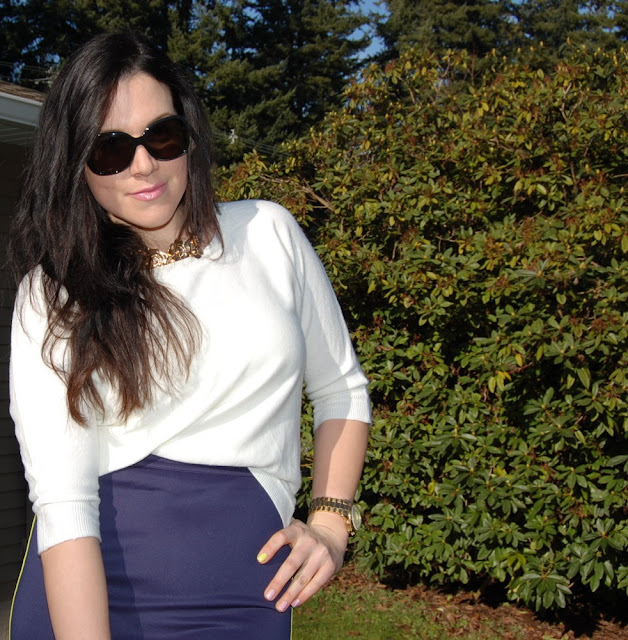 Neoprene pencil skirt with a white Forever 21 sweater and Prada sunglasses