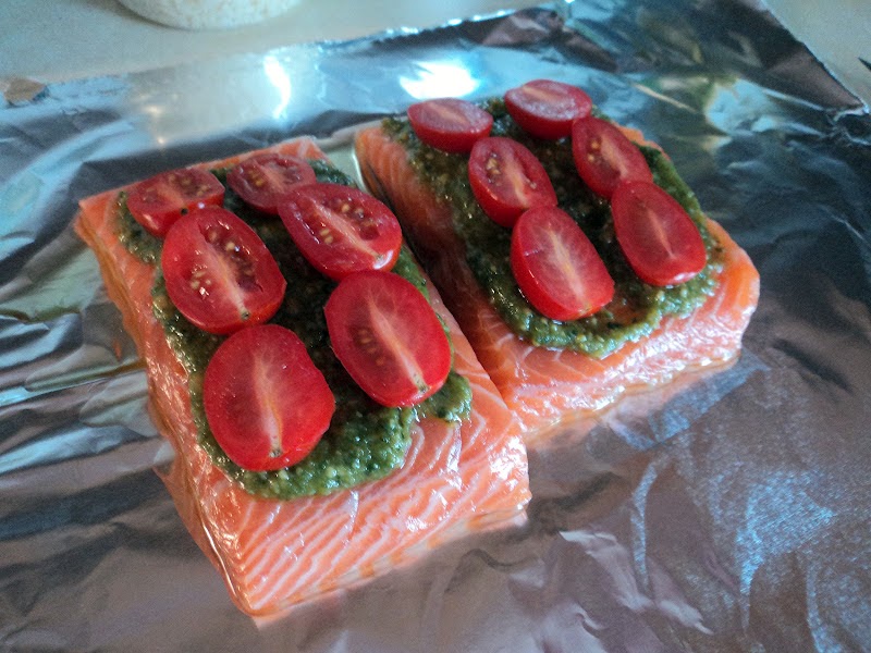 The Imitation Chef Foil Baked Basil Pesto Salmon