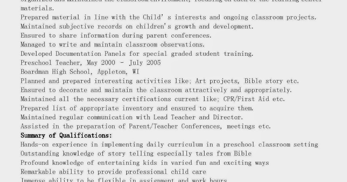resume samples  assistant preschool teacher resume sample