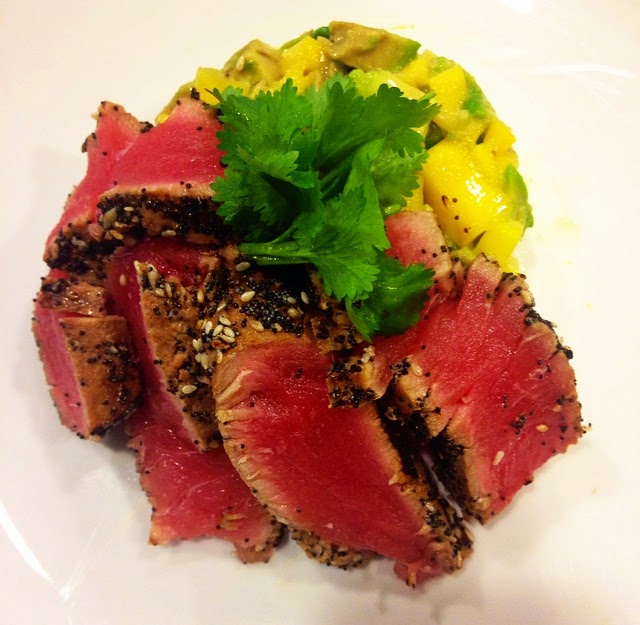 Bon Vivant Cooks Seared Ahi Tuna with Wasabi Mango Avocado Salad