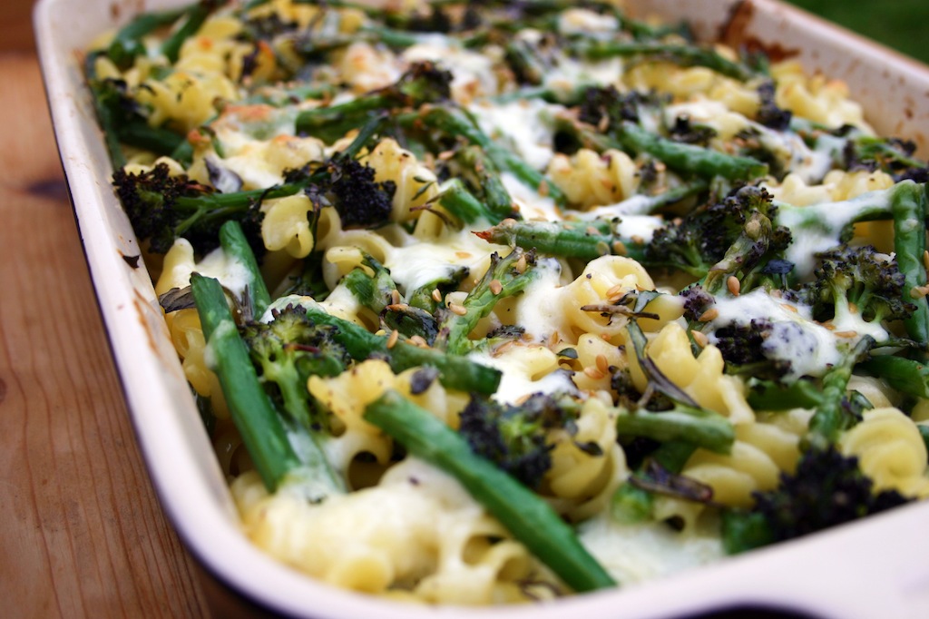 Belleau Kitchen cheesy pasta bake with broccoli, green beans and linseed