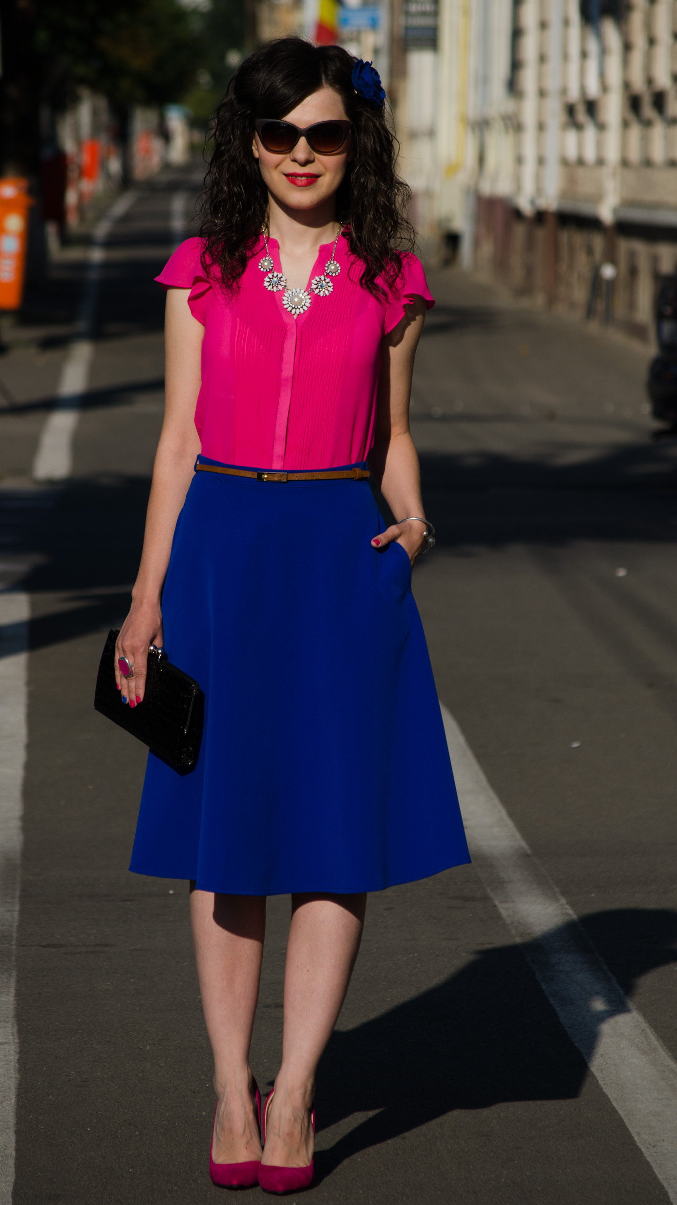 wedding attire cobalt blue skirt bright orchid shirt H&M fuchsia heels statement necklace