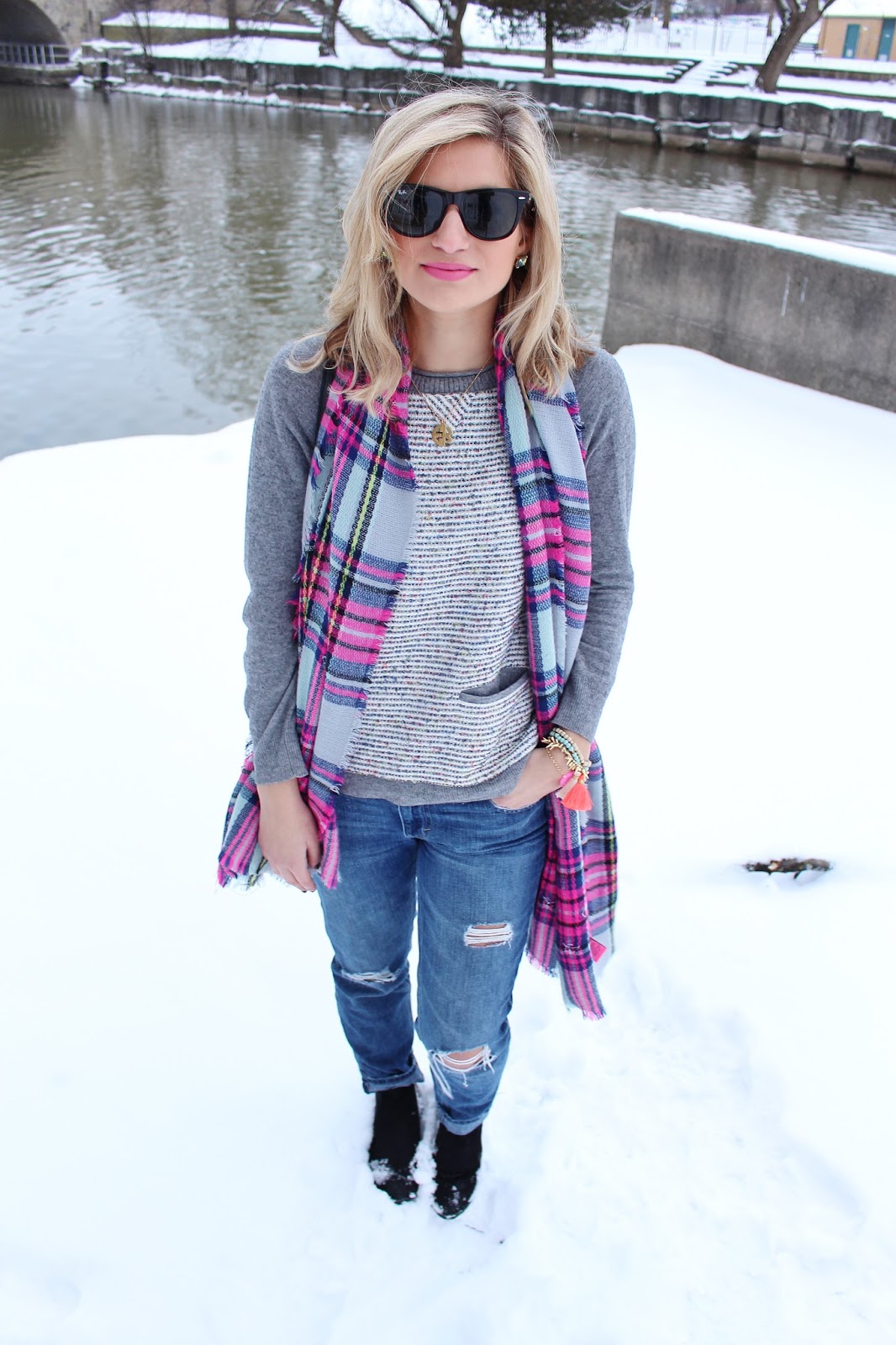 bijuleni- Boyfriend jeans with plaid colourful scarf and sweater