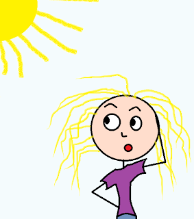 Female stick drawing looking up at the sun, eyebrows raised.