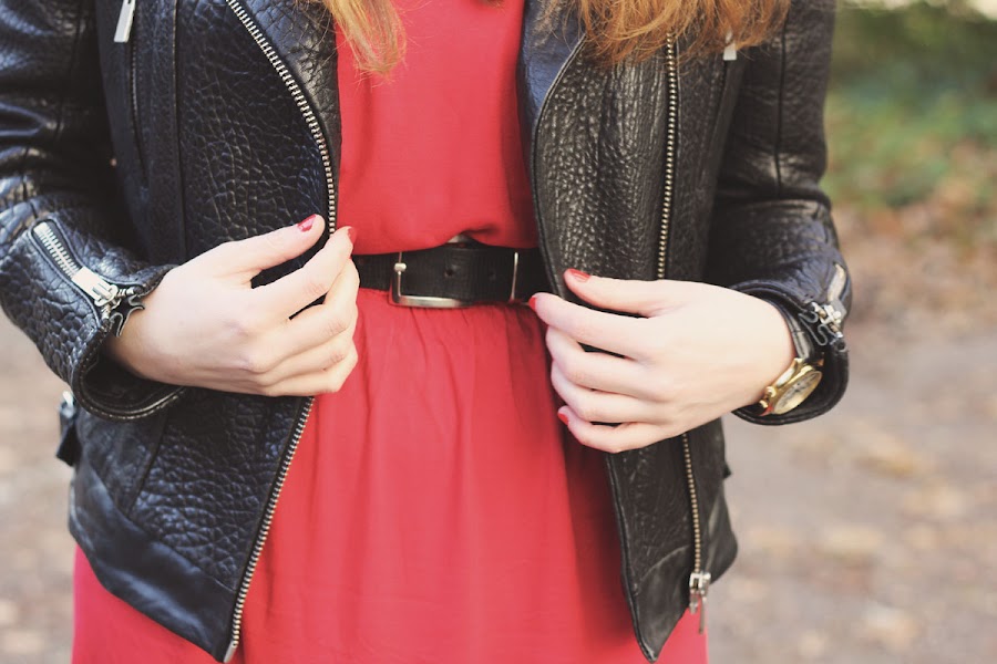 leather jacket and red dress