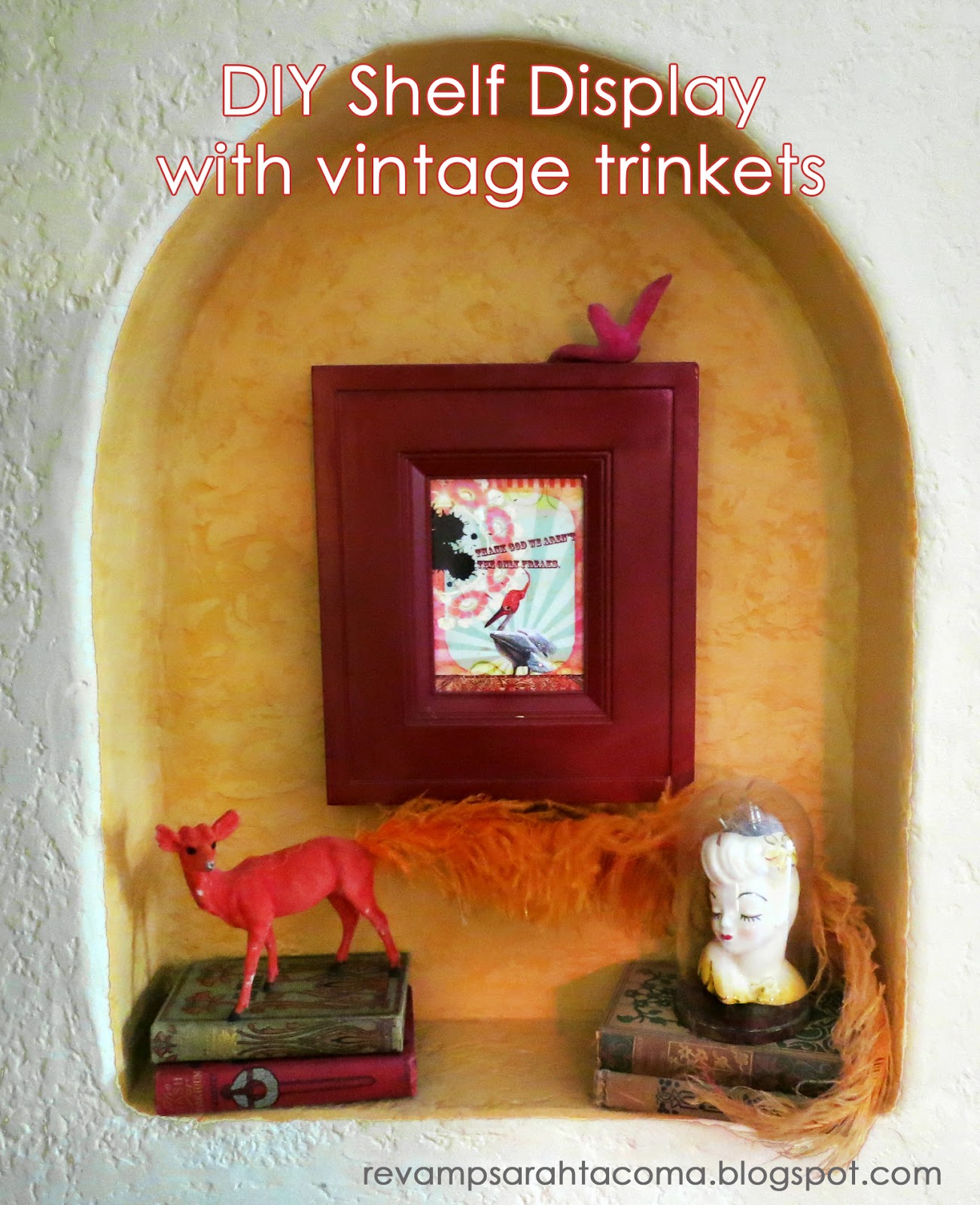 ReVamp DIY shelf Display with vintage trinkets