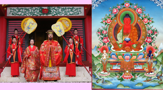 Left side, a Ryukyu king is standing in front Shuri Castle. Right Side, Buddha Amida was painted in Tibet.　