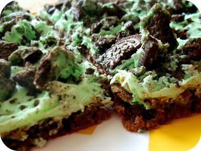 Mint Oreo Cookie Brownie Bars cut into squares