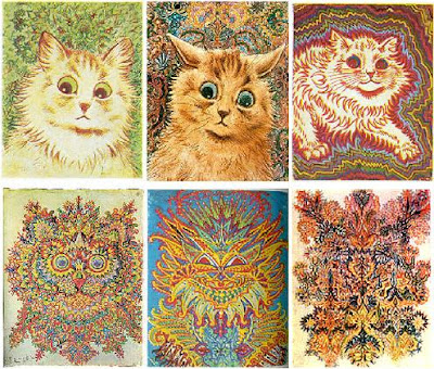 collage of brightly colored, fractal cat drawings by Louis Wain