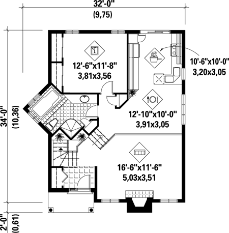 Plano de casa amplia de 85 m2 y 1 Dormitorio