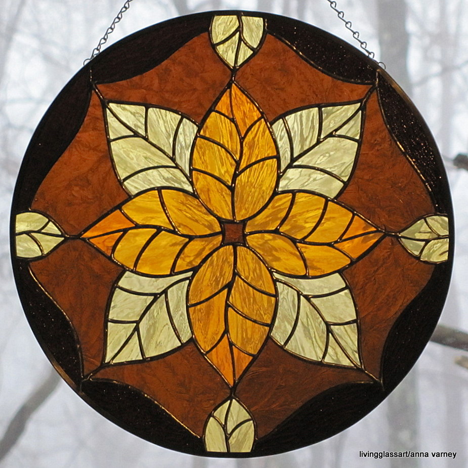 Living Glass Art Golden amber leaves in stained glass